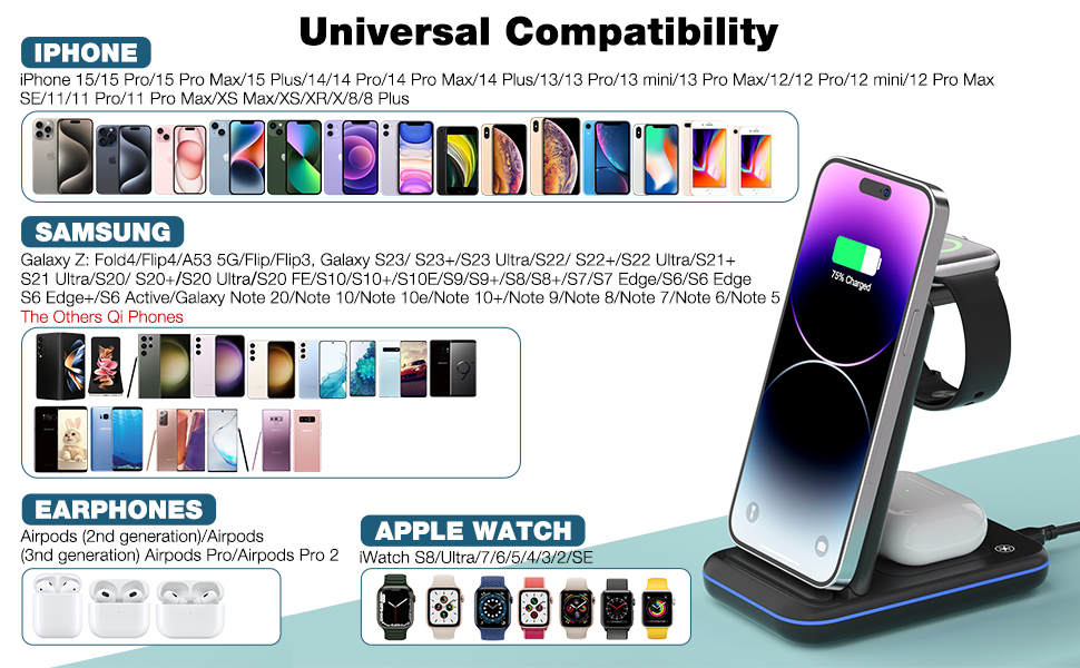 Foldable 3 in 1 Fast Charging Station/Stand/Multi Charger for Samsung S23/S22/S21/S20/Note 20