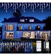JMEXSUSS Blue&White Icicle Lights Indoor Outdoor, 38.8FT 400 LED Icicle Christmas Lights for Outs...