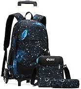 Bansusu 3Pcs Black Galaxy Primary Middle School Bag Rolling Backpack Set for Elementary Boys Whee...