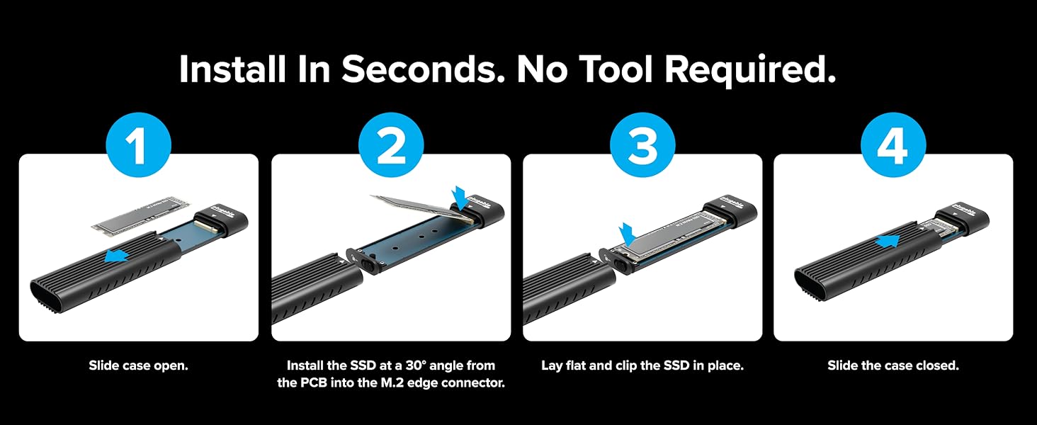 Step-by-step guide showing SSD installation into ssd enclosure m.2 nvme with no tools required