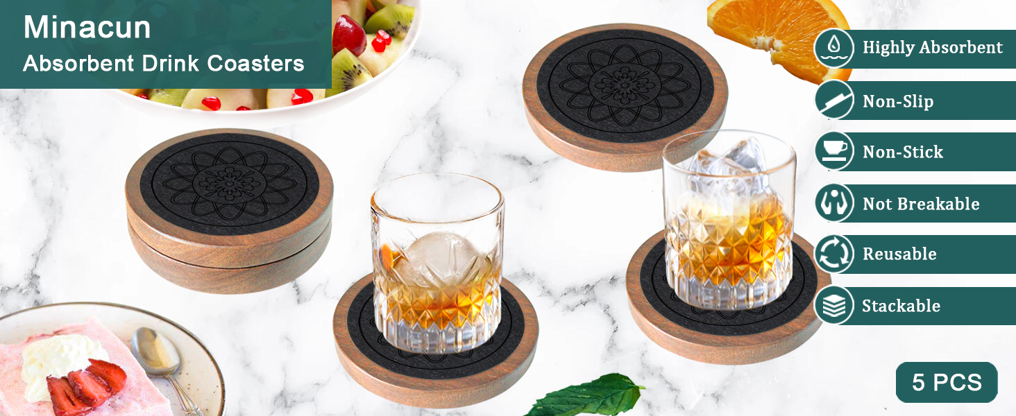 5 Pack Wood Coasters for Drinks Minacun Absorbent Coaster Set Drinks Coasters for Coffee Table