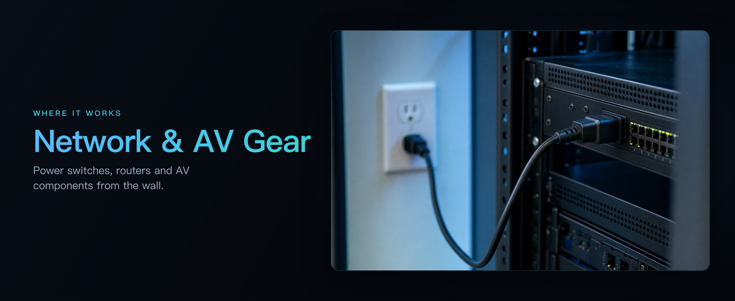 NEMA 5-15P to C13 power cord 18 AWG 10A 125V shown in a Network & AV Gear scene
