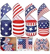Whaline 4 Roll Patriotic Wired Edge Ribbon 4th of July Ribbon USA Flag Star Stripe Wrapping Ribbo...