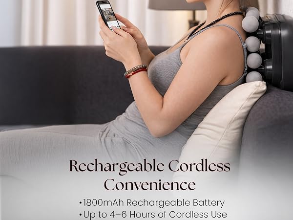 Cordless rechargeable massager with adjustable controls for convenient use