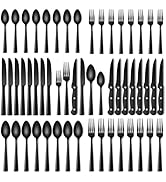 Stapava 48 Pcs Black Silverware Set with Steak Knives, Food-Grade Stainless Steel Flatware Set fo...