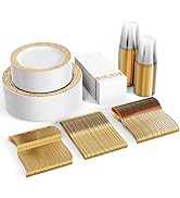 FOCUSLINE 350pcs Gold Dinnerware Set for 50 Guests, Gold Lace Plastic Plates Disposable Heavy Dut...