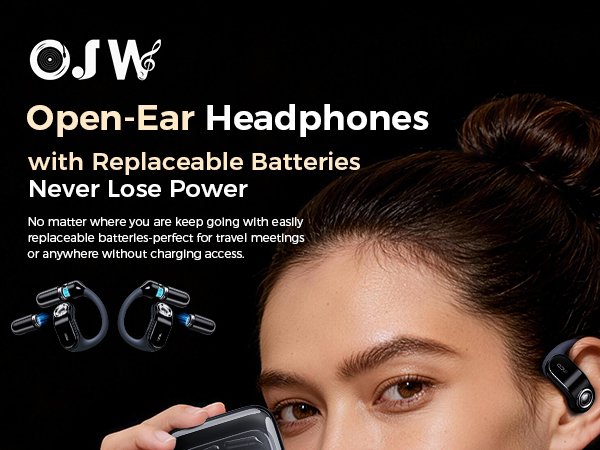 Text reads 'Open-Ear Headphones' and 'With Replaceable Batteries Never Lose Power'. Product photo shows wireless bone conduction headphones with blue illuminated details.