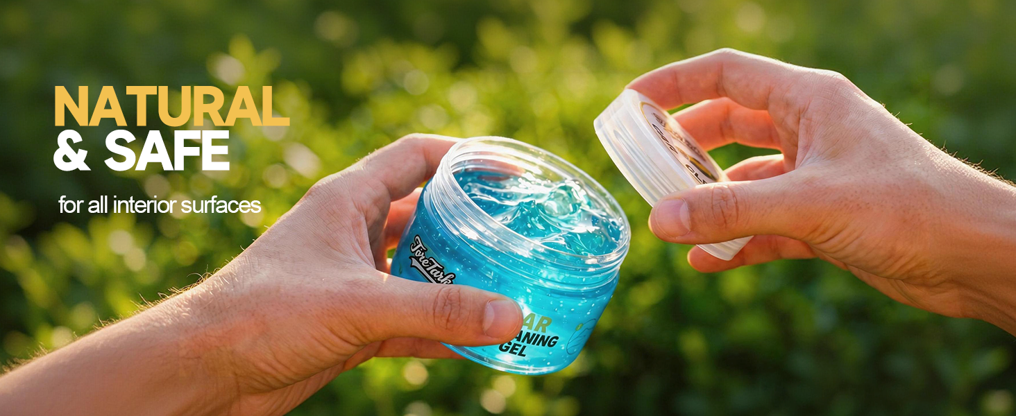 Hands opening a jar of car cleaning gel labeled "Natural & Safe for all interior surfaces"