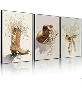 Frimeeme 3 Piece Floral Cowgirl Footwear Wall Art, Cowboy Hat and Boots Canvas Prints, 12x16 Inch...