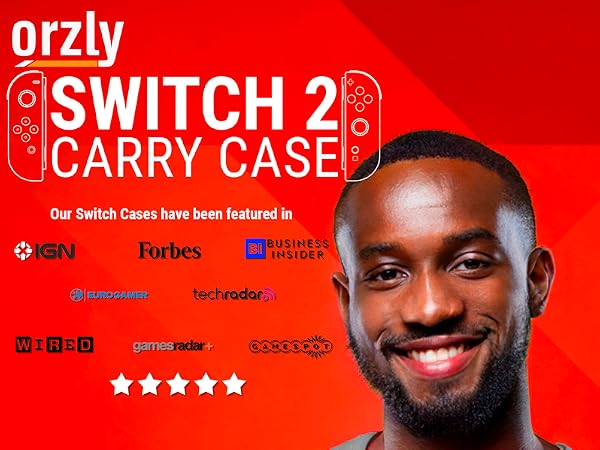 A man holding an Orzly Nintendo Switch 2 Case that can hold your Switch 2 and Switch 2 accessories