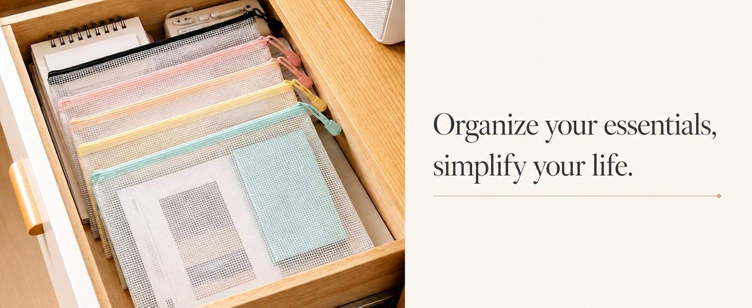 four colorful mesh zipper storage pouches neatly arranged in wooden drawer home storage scene