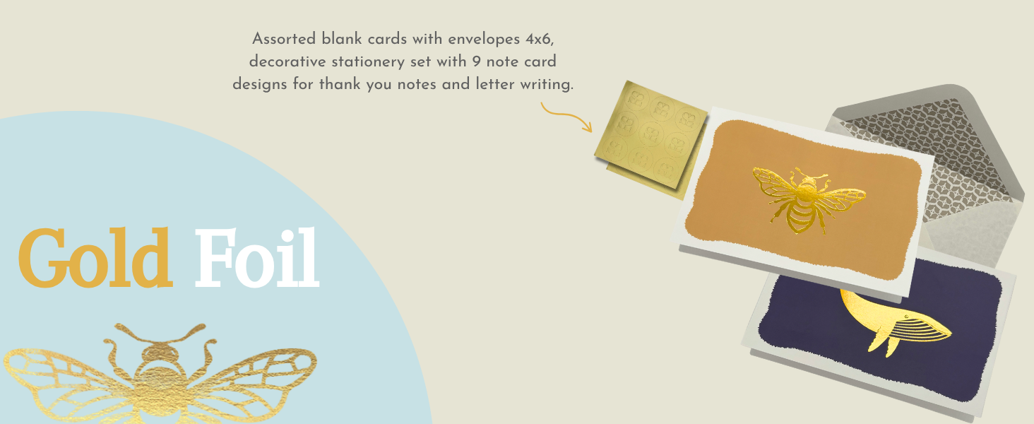 Blank note cards with gold foil, sleek designs, 4 x 6 inches. perfect for thank you notes