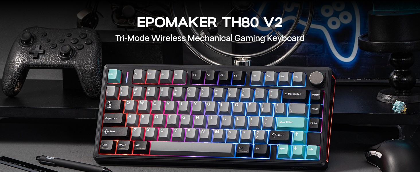 Text reads 'EPOMAKER TH80 V2'. Mechanical keyboard with RGB backlit keys showing different color variations and angles.