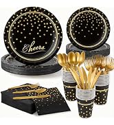 Black Gold Paper Plates and Napkins Party Supplies for 24 Guests, 168 Pcs Disposable Paper Plates...