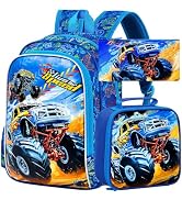 KLFVB 3PCS Boys Truck Backpack, Water Resistant Kids Bookbag with Lunch Box, 16" Preschool Backpa...