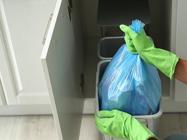 For the kitchen: the right size, fits perfectly in the garbage cabinet under the kitchen
