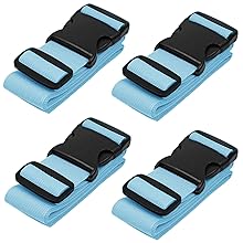 Four light blue luggage straps with black plastic buckles, arranged in a grid pattern against a white background.