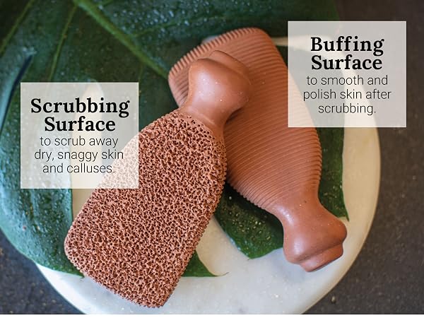 Terra-Cotta Foot Scrubber with two unique surfaces to scrub away dry skin and to buff skin smooth