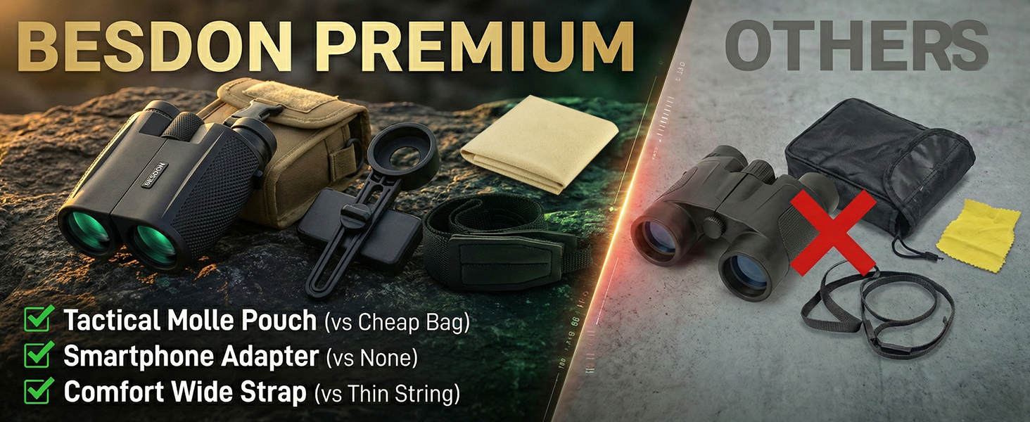 BESDON 12x25 Binoculars Kit with Molle Pouch, Adapter & Large Cloth vs Cheap Brands.