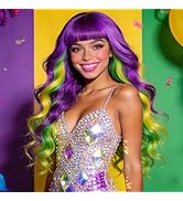 PLULON Long Curly Wavy Purple Yellow Green Mardi Gras Wigs with Bangs for Women, Colored Neon Cur...