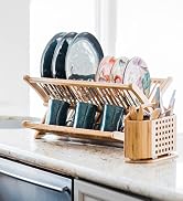 collapsible bamboo dish rack drying dishes in kitchen
