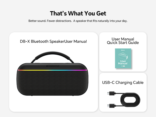Bluetooth Speaker, Power Cable, Quick Start Guide