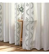 Joydeco Olive Green Embroidered Curtains 63 Inch Long 2 Panel Set, Vintage Floral Linen Drapes fo...