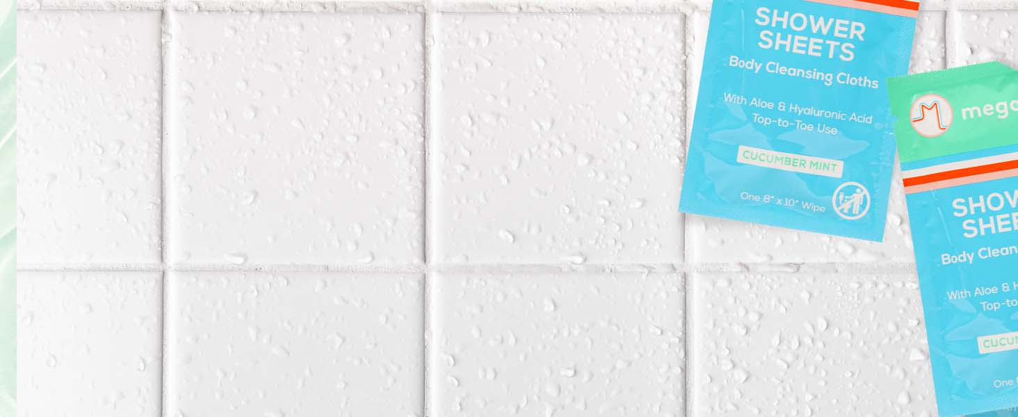 Shower sheets on tiled bathroom background.