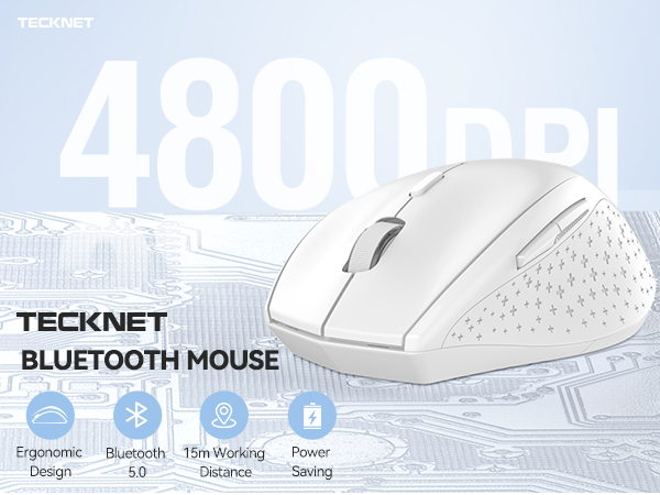 TeckNet white Bluetooth mouse with ergonomic design, featuring 4800 DPI, 15m working distance, and power-saving capabilities.