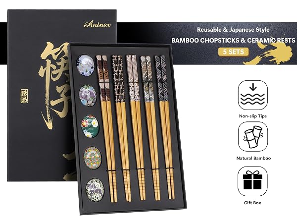 Reusable Bamboo Chopsticks Set with Ceramic Chopstick Rests