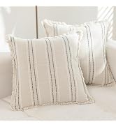 Hckot Set of 2 Decorative Linen Farmhouse Throw Pillow Covers 18×18 Cozy Boho Cushion Cover with ...