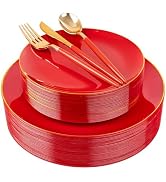 DaYammi 150Pcs Red Plastic Plates & Gold Cutlery with Red Handle,Christmas Disposable Plates Set ...