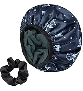 Yonchic Blue Butterfly Print Satin Shower Cap, Three-Layer Terry Cloth Lined, with Silk Hair Ties...