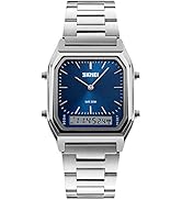 Women Men Square Multifunction Stopwatch Dual Display Wristwatches Stainless Steel Strap Analog S...