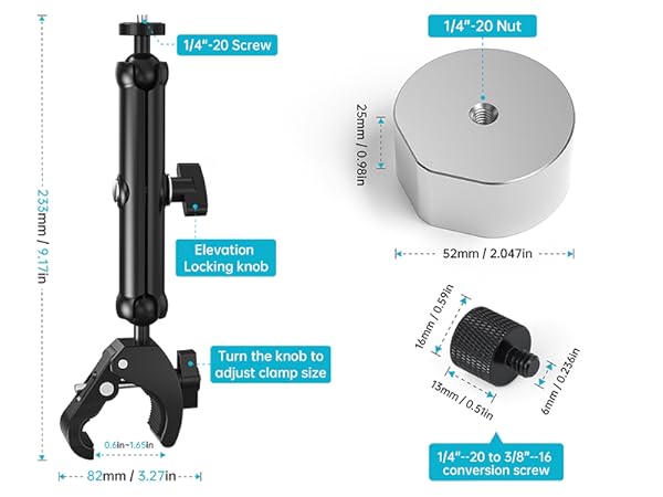 Detailed technical specifications diagram showing dimensions and components of mounting device. Blue and white schematic includes measurements in millimeters for various parts.