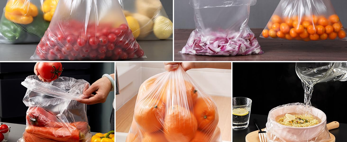 Scenery pictures showing the usages of the bags, soup, fruits, bulk amounts and more