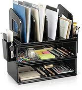 CiWiVOKi Desk Organizer with 4 File Holder Slots, 2 Clear Drawers & Dual Pen Holders, Sturdy Mult...