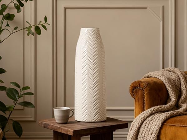 large white ceramic vase, slender shape, unique texture andretro design