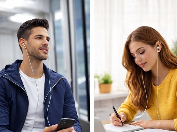 Showcase of wired earbuds in commuting, study and workout lifestyle settings