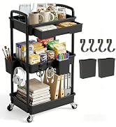 LLMRR 3 Tier Rolling Utility Cart with Drawer, Plastic Storage Organizer Rolling Carts with Wheel...