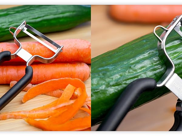 Lurch Germany Universal Y Peeler peeling a cucumber and peeling the skin away.