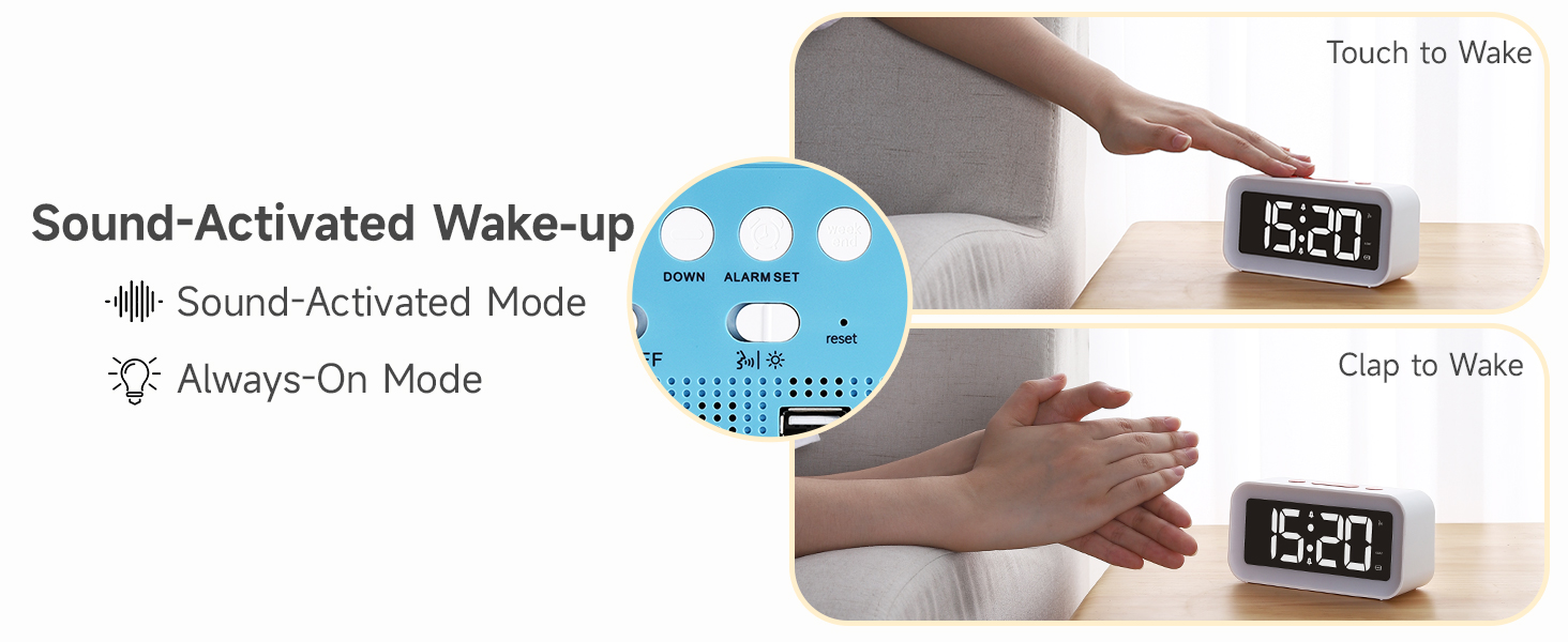 sound activated alarm clock sound sensor touch to wake clap always on display modes