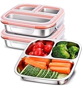 KTKUDY 3 Pack Stainless Steel Bento Boxes for Kids & Adults – 3 Compartment Snack & Lunch Contain...