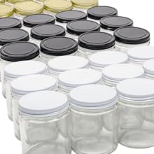 9 ounce straight sided jars with gold, black, and white lids