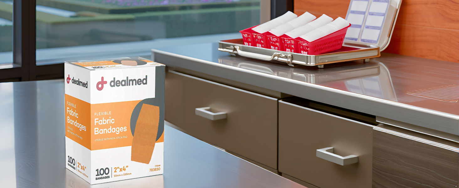 A product on a wooden table surrounded by medical supplies.