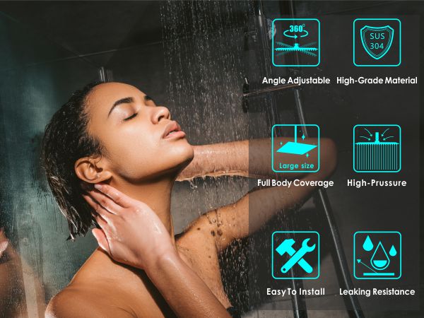 Shower scene with icons indicating product features: angle adjustable, high-grade material, limescale resistant, full body coverage, high pressure, and easy to install.