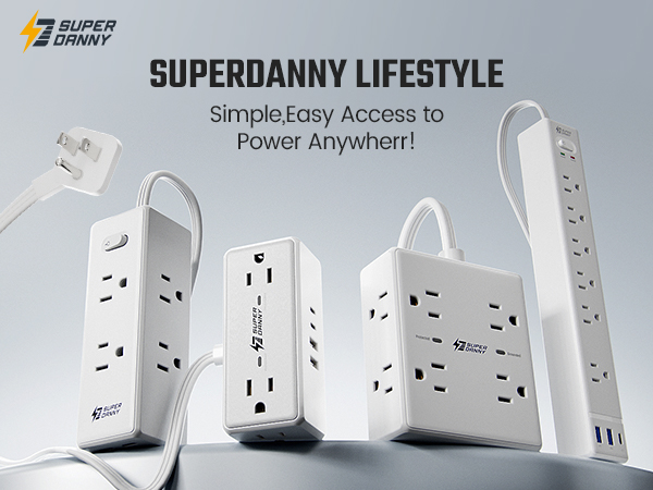 SUPERDANNY Surge Protector Power Strip Flat Plug Extension Cord