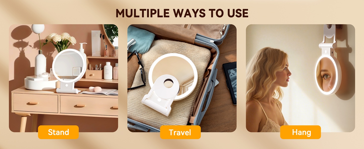 Three ways to use: stand on desk, hang on wall, or carry in bag for travel