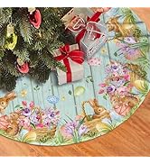 Easter Bunny Eggs Christmas Tree Skirt Rabbit Flowers Funny Tree Mat for Farmhouse Xmas Holiday P...