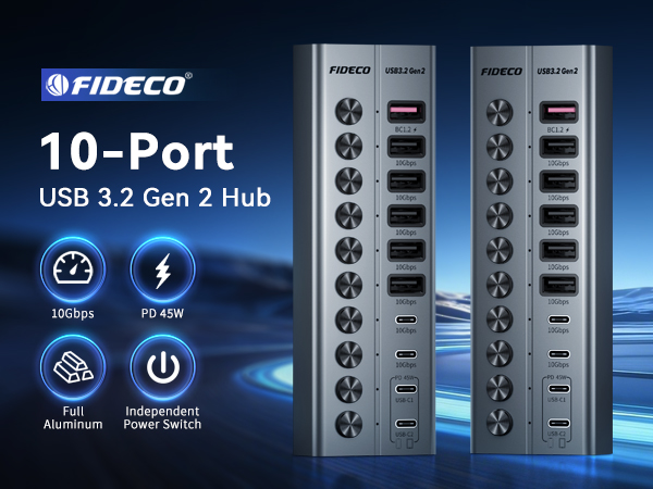 Text reads 'FIDECO 10-Port USB 3.2 Gen 2 Hub' with icons showing '5Gbps', 'PD 65W', 'Full Aluminum', 'Independent Power Switch'. Image displays USB hub with multiple ports arranged vertically on black background with blue lighting.